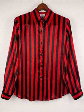 Vintage Christie & Jill Red Black Satin Stripe Blouse Shoulder Pad Button Up